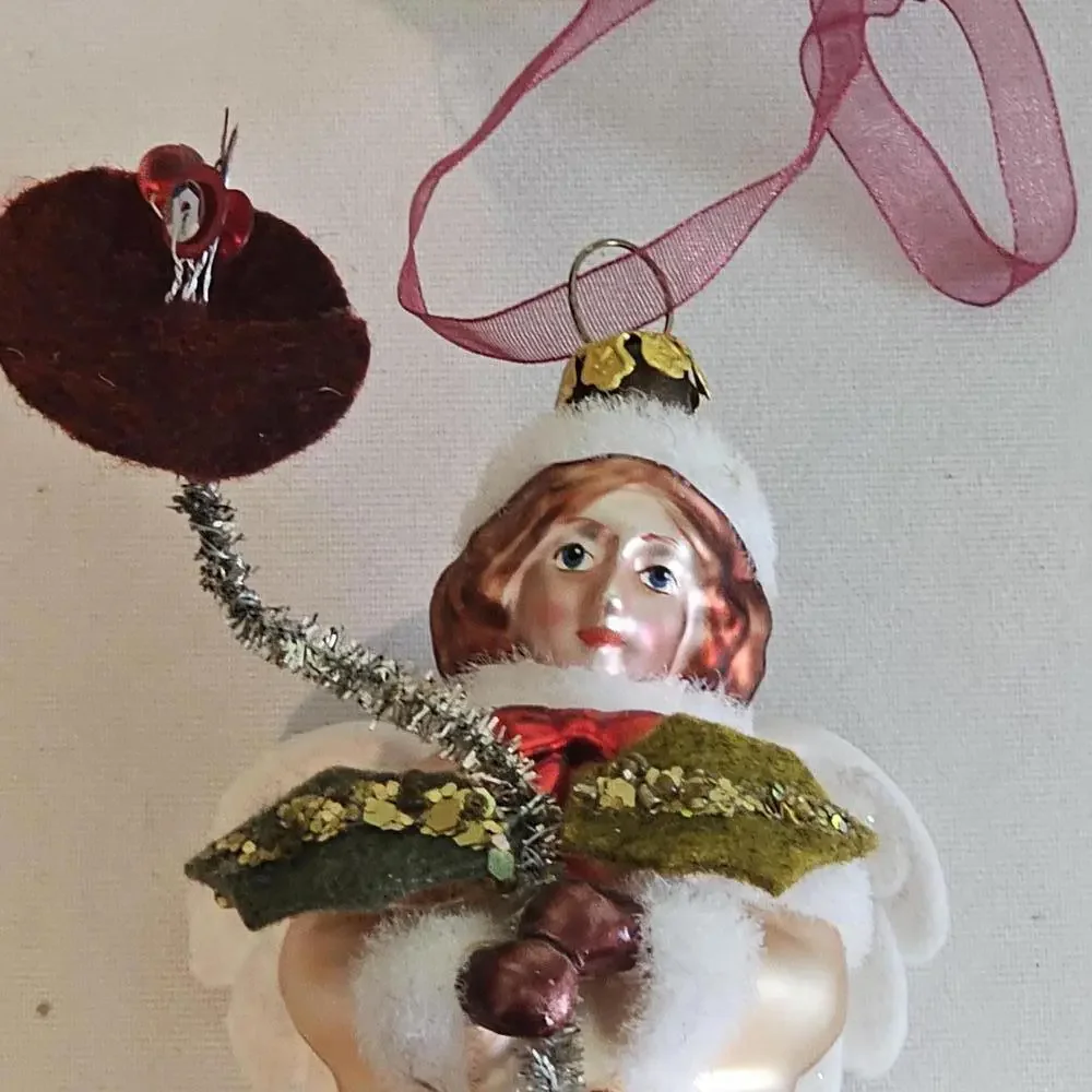 Antique Vintage Blown Glass Ornament Hand Painted Angel Girl Coat Floral RARE - Picture 6 of 8